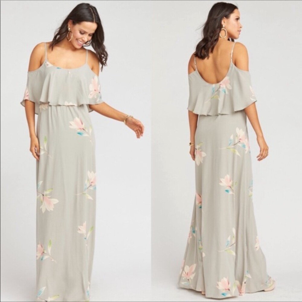 NWT SHOW ME YOUR MUMU Caitlin Ruffle Taupe Maxi Bridesmaid Dress Gown Size M
